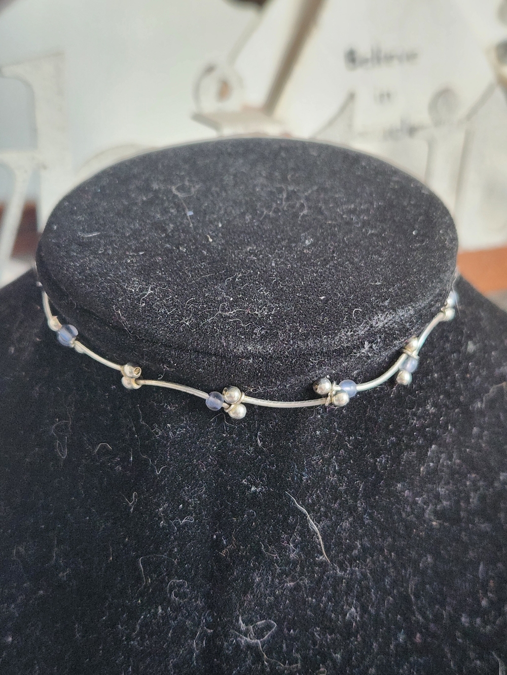 Silver Tone Beaded Wave Bracelet with Blue Accents